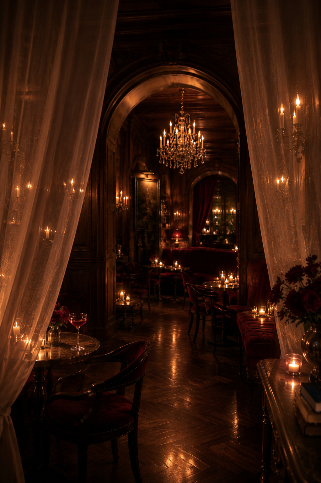Crimson Allure, a candlelit room seen through a velvet-draped arch.