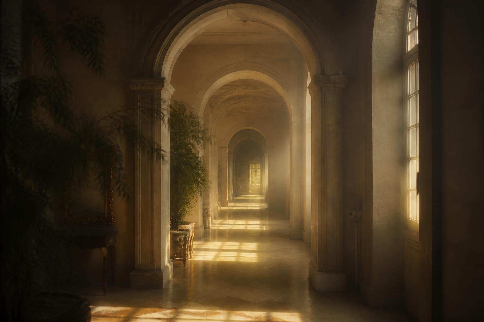 A candlelit hallway of arches leading deeper into the House.