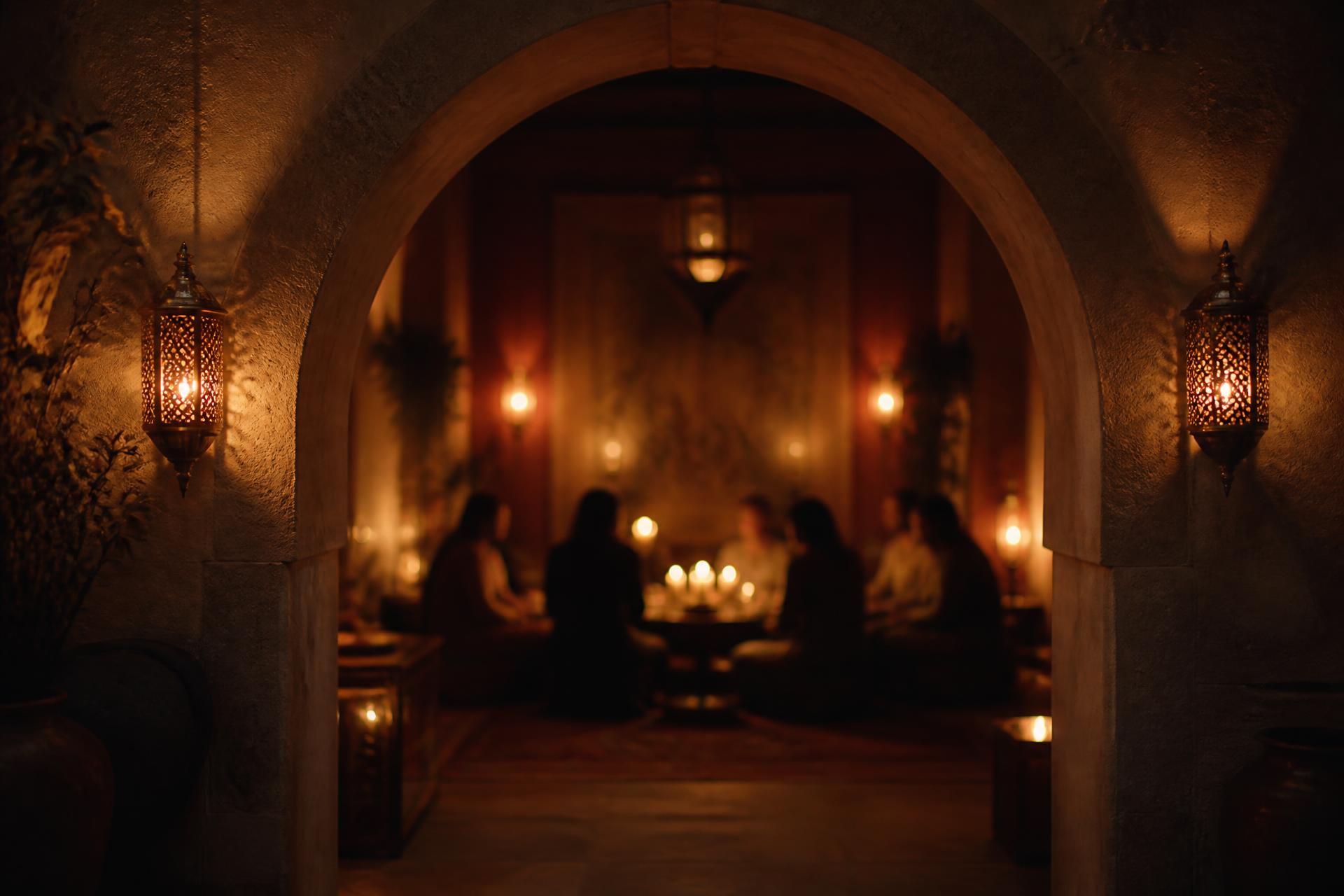 Guests gathered by candlelight around a low table set with slender flutes.